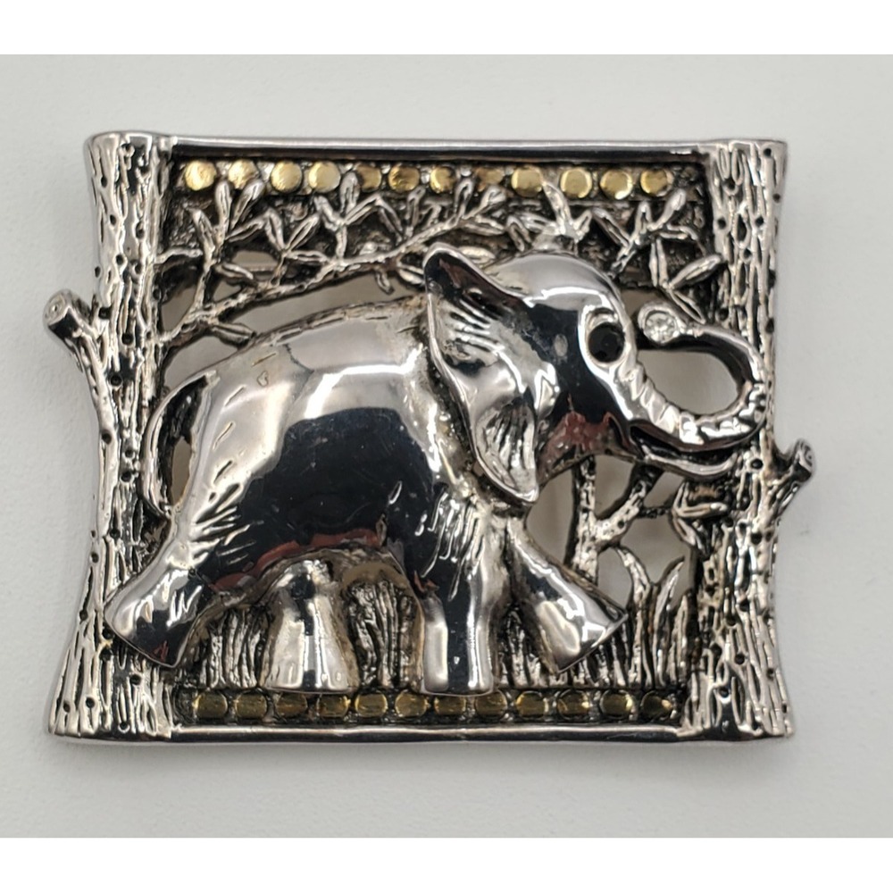 Vtg Estate Silver‎ & Gold Tone Elephant In The Wild Scenery Brooch Pin
